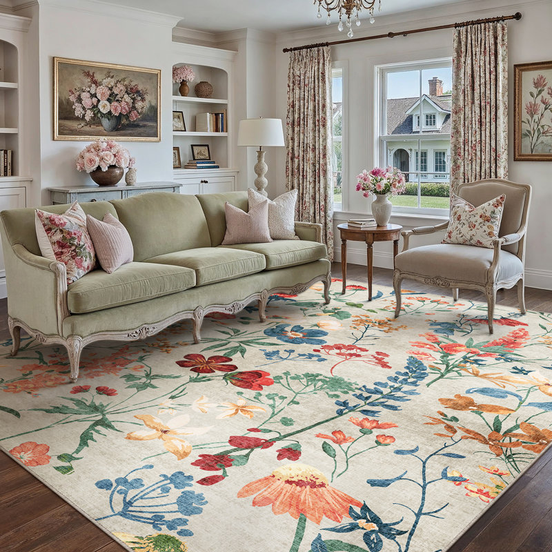 Tapis floral lavable à la machine avec envers antidérapant, Rectangle 5 pi x 7 pi, Beige