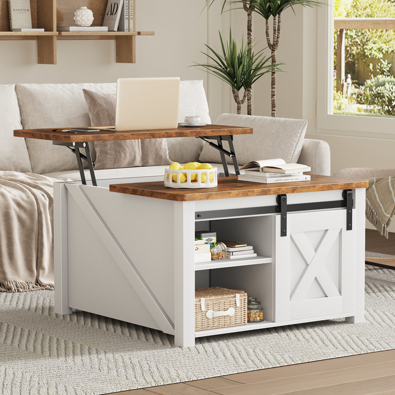 31.5" Square Lift Top Coffee Table with Hidden Storage and Sliding Barn Door, White