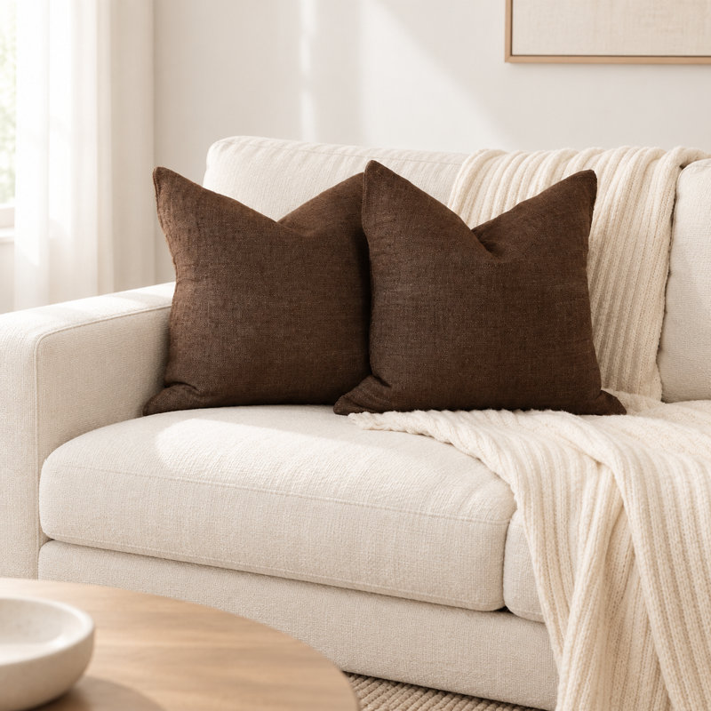 Housse de coussin en coton et lin tissée à la main, couleur chocolat, Carré 20 po