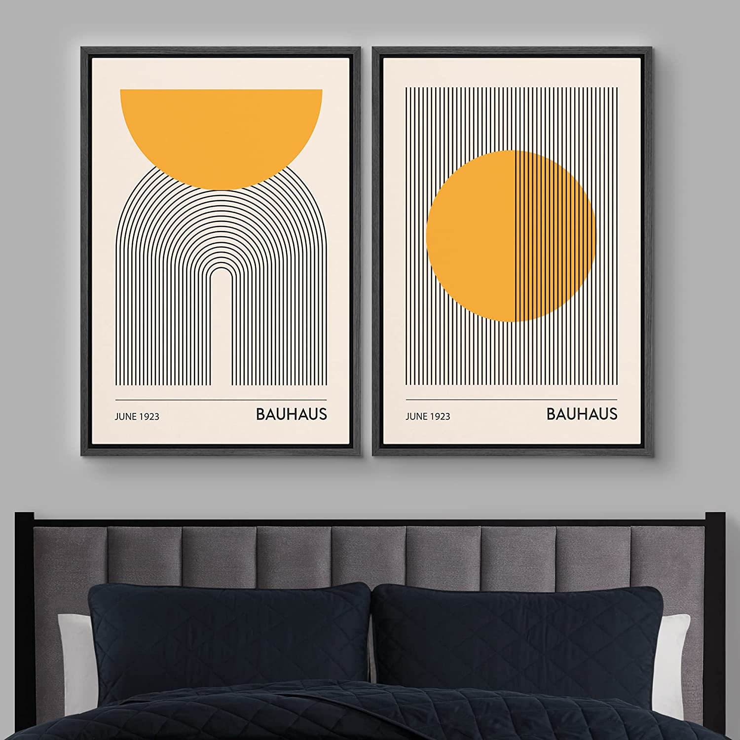 Mid Century Modern Boho "Bauhaus Sun" 2-Piece Set, 36" H x 48" W, Black Floater Framed