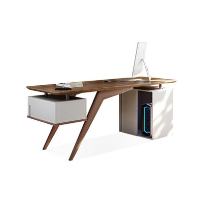 Bureau à 4 tiroirs brun noisette + blanc beige + bois manufacturé rectangulaire champagne + acier au carbone