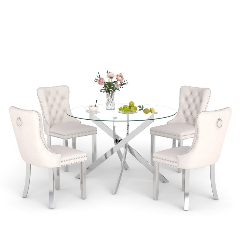 Keyari 4 - Person Pedestal Dining Set, Beige, Silver, 29.5"H x 36"L x 36"W
