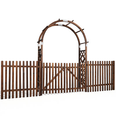 Tonnelle de jardin en bois brun clair 7,1 pi x 11 pi avec barrière et clôtures