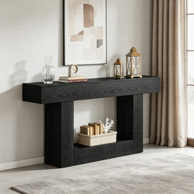 63" Wooden Console Table, Farmhouse Sofa Table With Storage Shelf, 2-Tier Entryway Hallway Table For Living Room