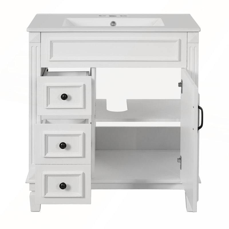 Meuble-lavabo de 30 pouces avec lavabo en céramique, 2 tiroirs et tablette réglable pour les petits espaces et les décors modernes
