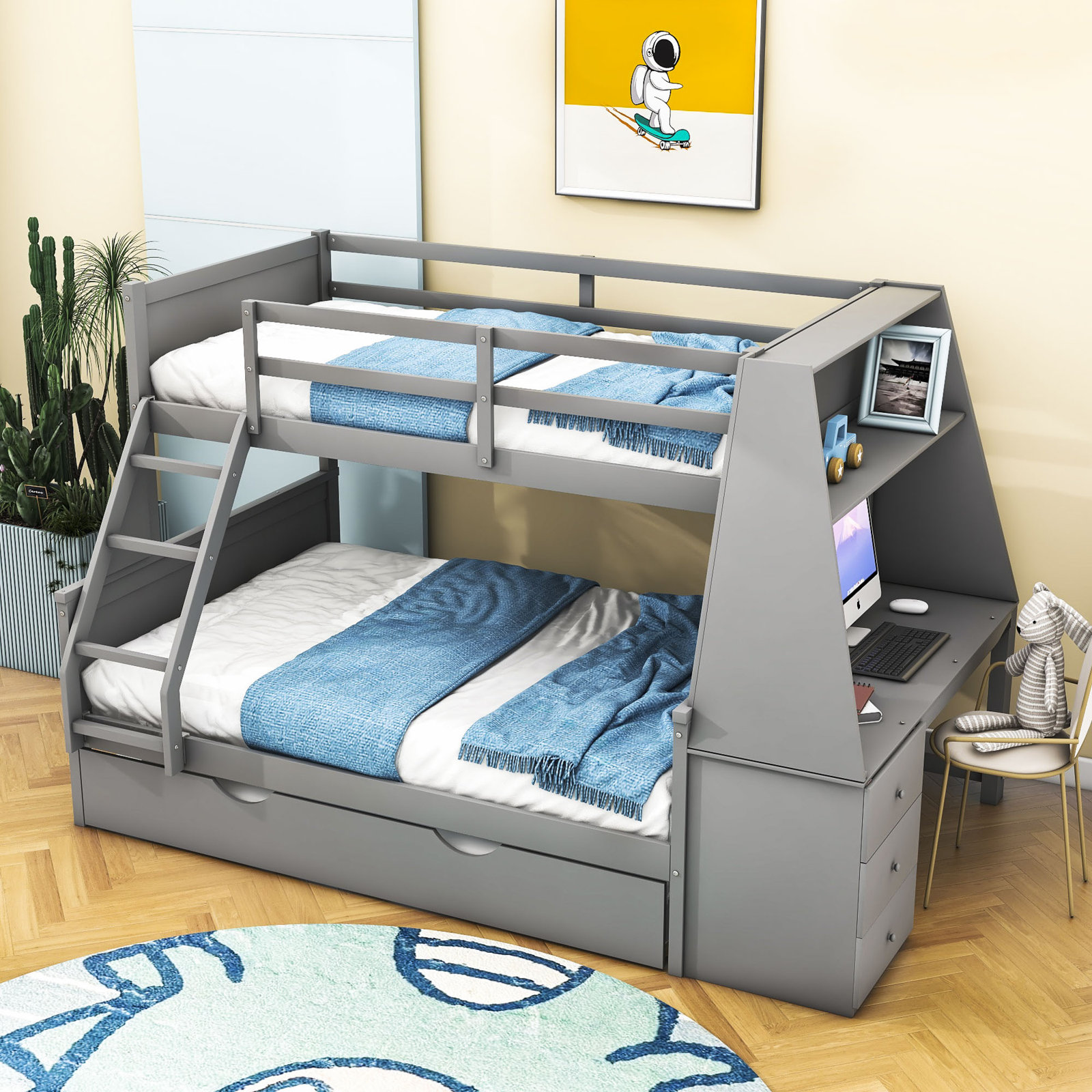 Kids Twin Over Full Bunk Bed with Trundle with Drawers