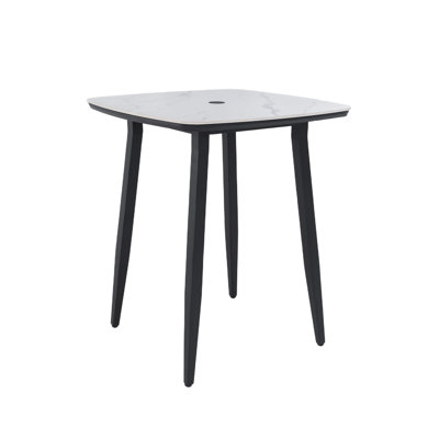 Modern 35.4'' Rounded Square Outdoor Bar Table, Greek Marble-Inspired Sintered StoneTop, Umbrella Hole, Rust-Free Aluminum Frame, Ember , Weatherproof Bistro Table for Garden, Poolside