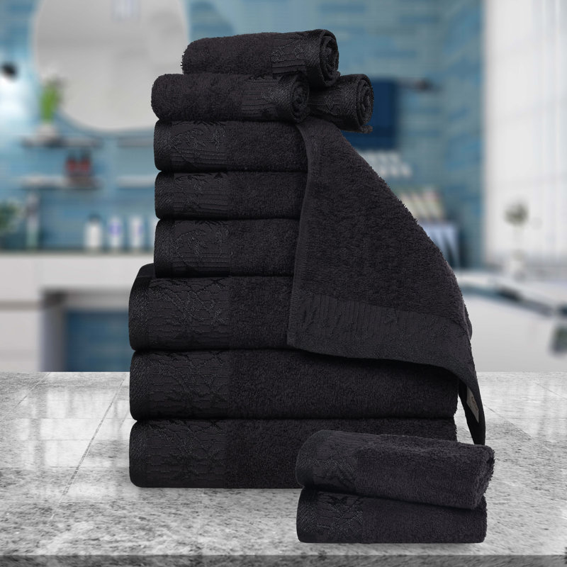 Ensemble de serviettes de bain en coton de poids moyen à bordure florale en jacquard pour la salle de bain Carinna