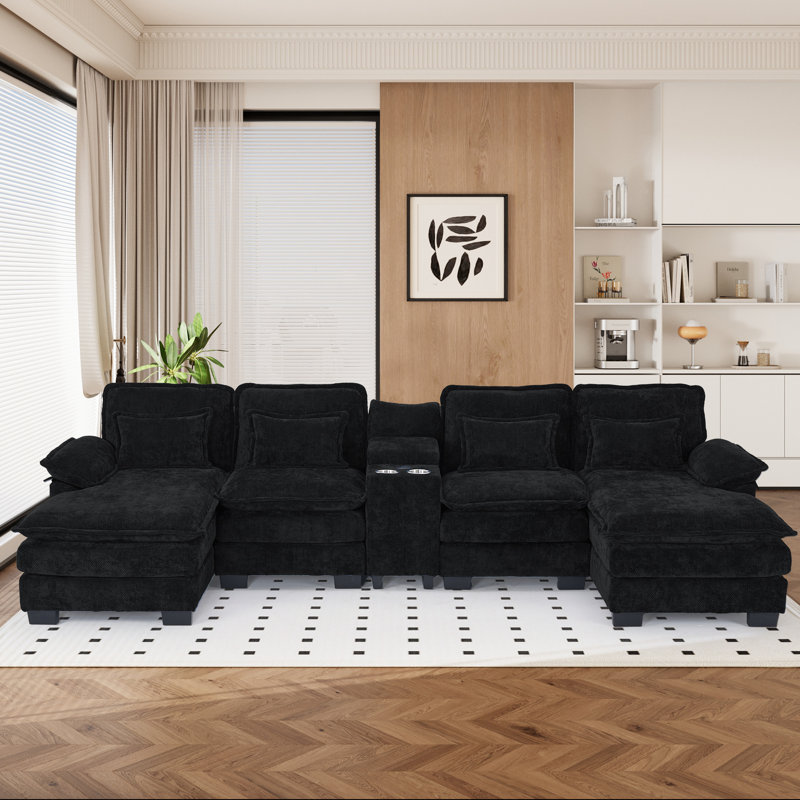 Canapé modulaire en U avec méridienne 5 pièces, Chenille noir
