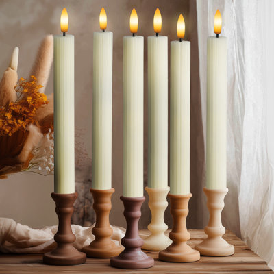 Fluted Ribbed Grooved LED Flameless Taper Candles, Remote, On/Off Button, Battery Operated, 6 Pack