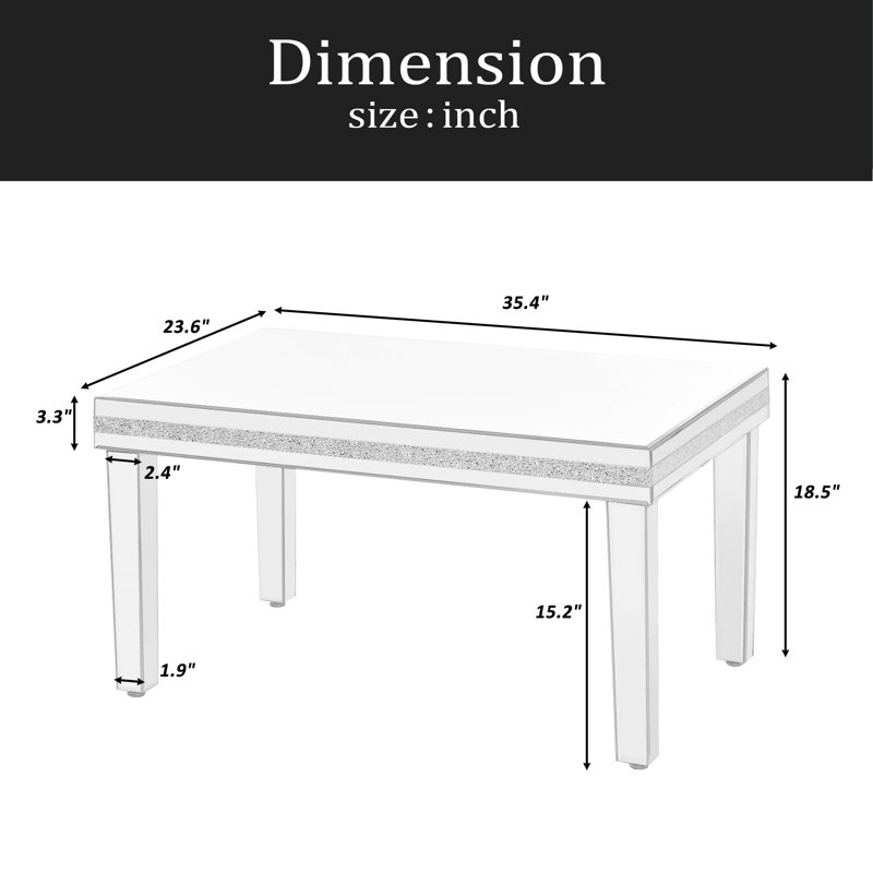 Table basse en verre moderne à la mode avec miroir, table de cocktail facile à assembler avec design en cristal et pieds à hauteur réglable