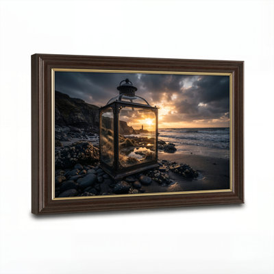 Art mural antique sur toile encadré doré pour le salon, la chambre à coucher, le bureau ou le vestibule - Décoration murale décorative avec coucher de soleil lanterne