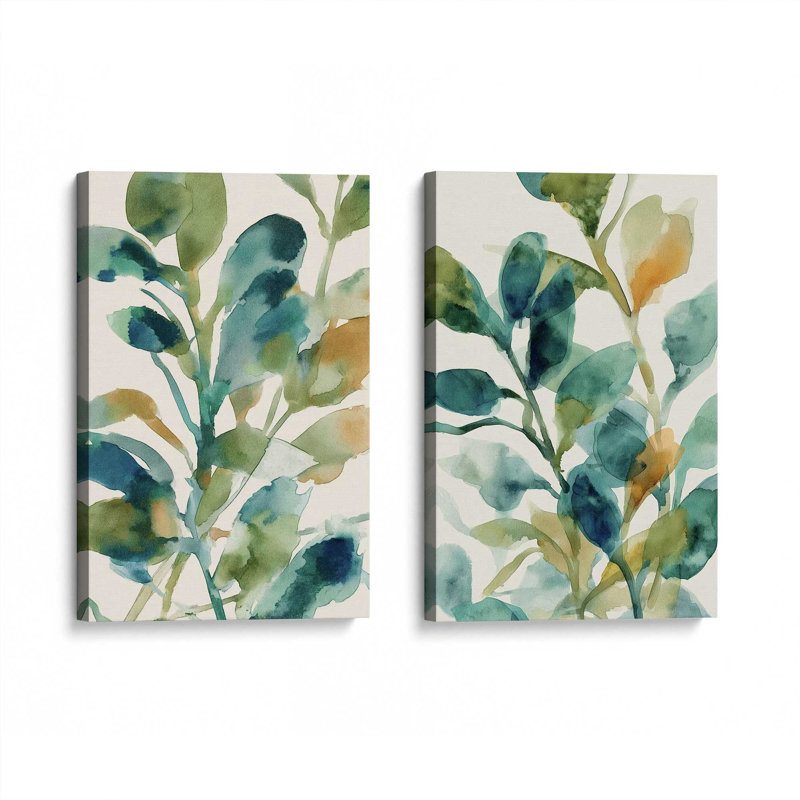 «Verdant Watercolor Bloom», ensemble de 2 impressions, 48 po x 32 po, Toile tendue