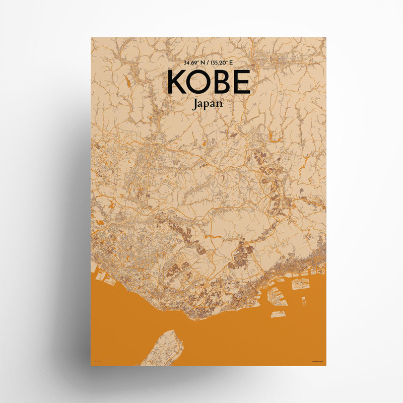 Kobe City Map, impression, Orange / or pâle, H 27,6 po x l 19,7 po