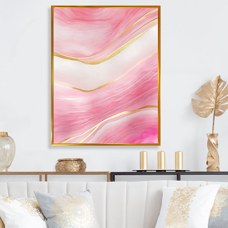 «Abstract Geode Marble Waves Pink II», reproduction sur toile, H 32 po x l 24 po x P 1 po, Toile avec cadre flottant or