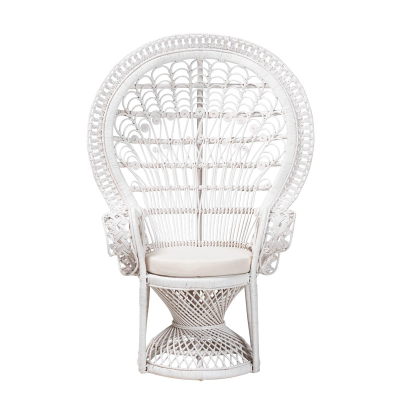 Handcrafted White Rattan Peacock Accent Chair with Geometric Design