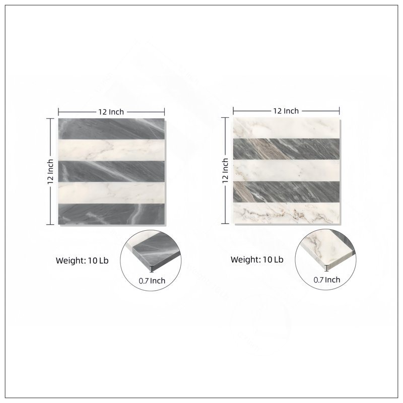 Carreaux de marbre poli jet d'eau 12 po x 12 po, blanc et gris, pour planchers et murs, pierre naturelle, marbre véritable et véritable, 4 pièces par boîte