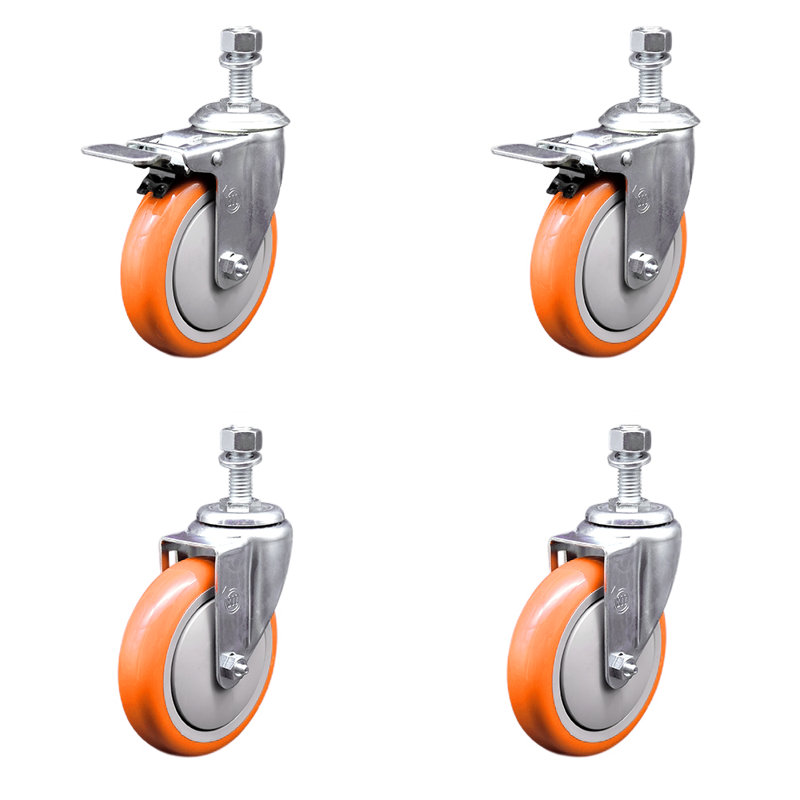 5 Inch SS Polyurethane ½ Inch Threaded Stem Caster Set 2 Total Lock Brake, Orange