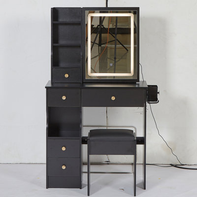 Petit meuble-lavabo de 29,2 po avec tiroir à gauche + tabouret rembourré, 2 blocs d'alimentation CA + 2 ports USB, support pour sèche-cheveux, très grand miroir à DEL coulissant à commande tactile, commode tricolore, réglage de la luminosité, meub