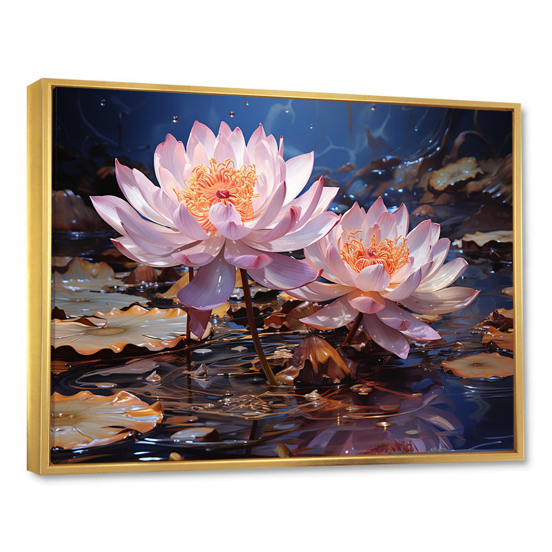 Hindouisme Brahmas lotus lavande - reproduction sur toile, Cadre flottant doré, H 12 po x l 20 po