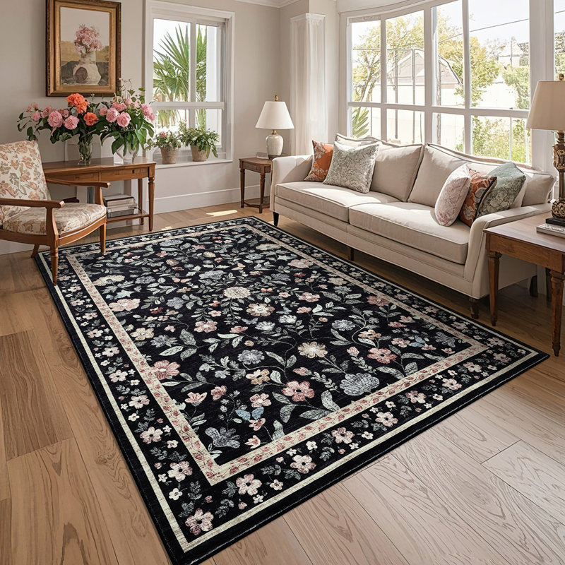 Washable Rugs Non Slip Area Rugs for Bedroom,Farmhouse Floral Carpets for Hallway,Dining Room,Bathroom,Nursery, Black