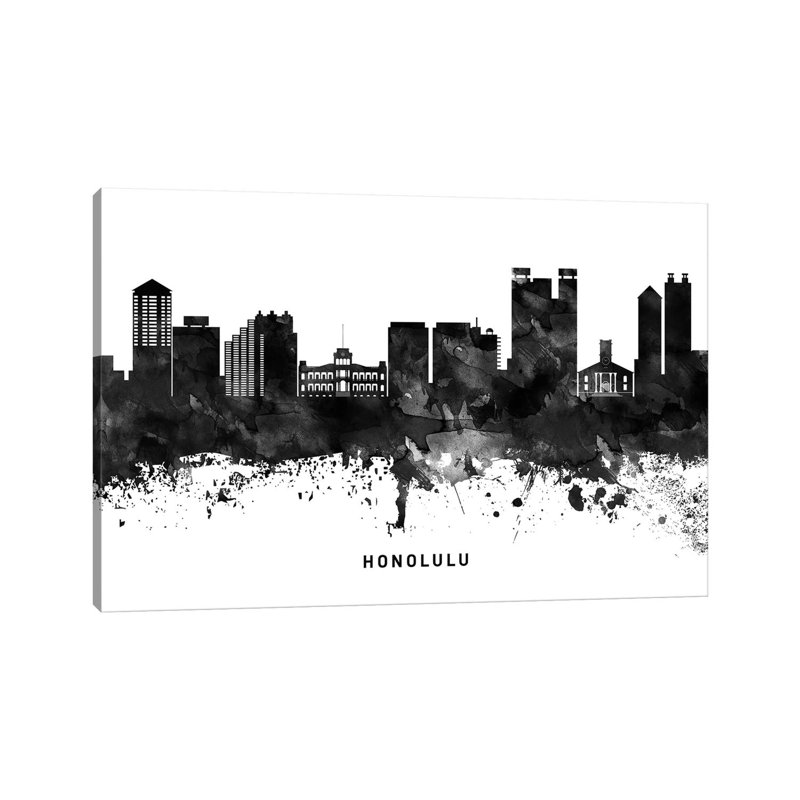 Honolulu Skyline Black & White - Wrapped Canvas Print, 20.32cm H x 30.48cm W x 1.91cm D