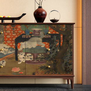 Solid Wood Drawer Cabinet with Playful Cat
