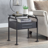 Table de chevet moderne Culberson avec plateau en verre et finition gris sable | Rangement à 1 tiroir + compartiment ouvert pour les chambres contemporaines