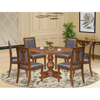 L'ensemble de table à manger moderne 7 pièces comprend une table ronde moderne et 6 chaises en similicuir gris foncé avec dossier élégant, finition noyer antique.