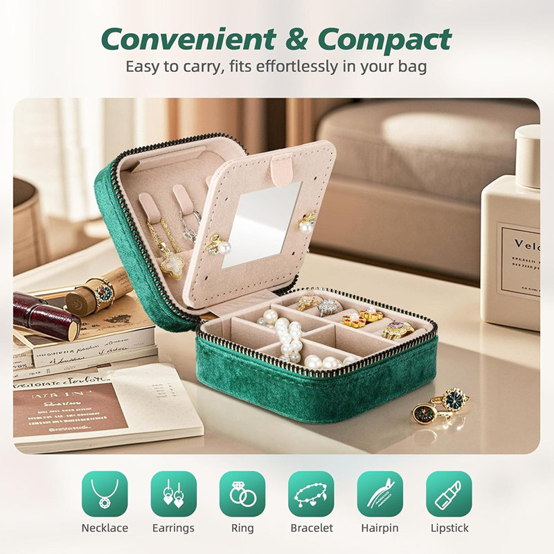 Boîte à bijoux de voyage avec miroir - Velours vert émeraude