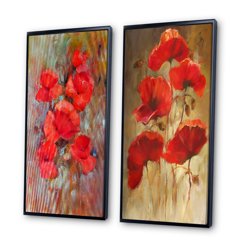 «Red Blooming Poppies VII», ensemble de 2 photographies sur toile, H 32 po x l 32 po x P 1 po, Cadre flottant noir