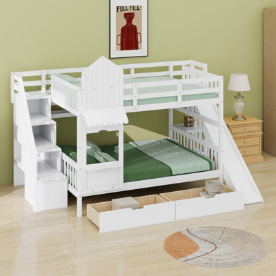 Space Saving Castle Bunk Bed with 2 Drawers, 3 Shelves and Slide