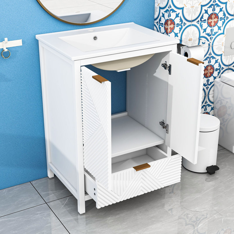Meuble-lavabo autoportant élégant avec lavabo en céramique, charnières à fermeture en douceur et portes texturées, White