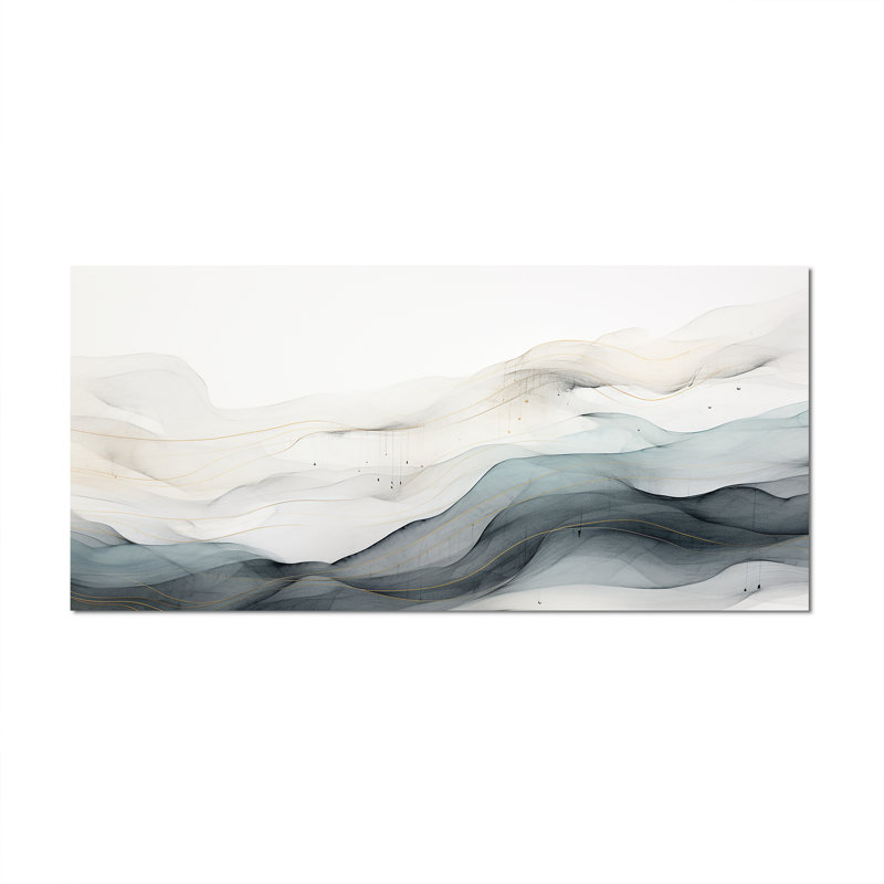 Bleu gris, dessin au trait abstrait conceptuel II - Art mural, Toile tendue, H 28 po x l 60 po, Sans cadre