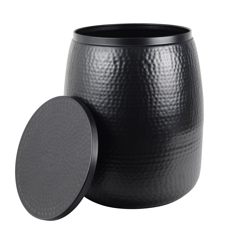 Merida 19" Modern Rustic Hammered Metal Drum Storage Side Table with Lid, Black