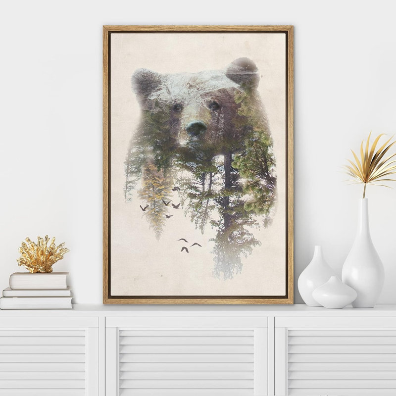 Bear " Bear and Spring Forest " Graphic Art Print, Natural Floater Frame, 24" H x 16" W
