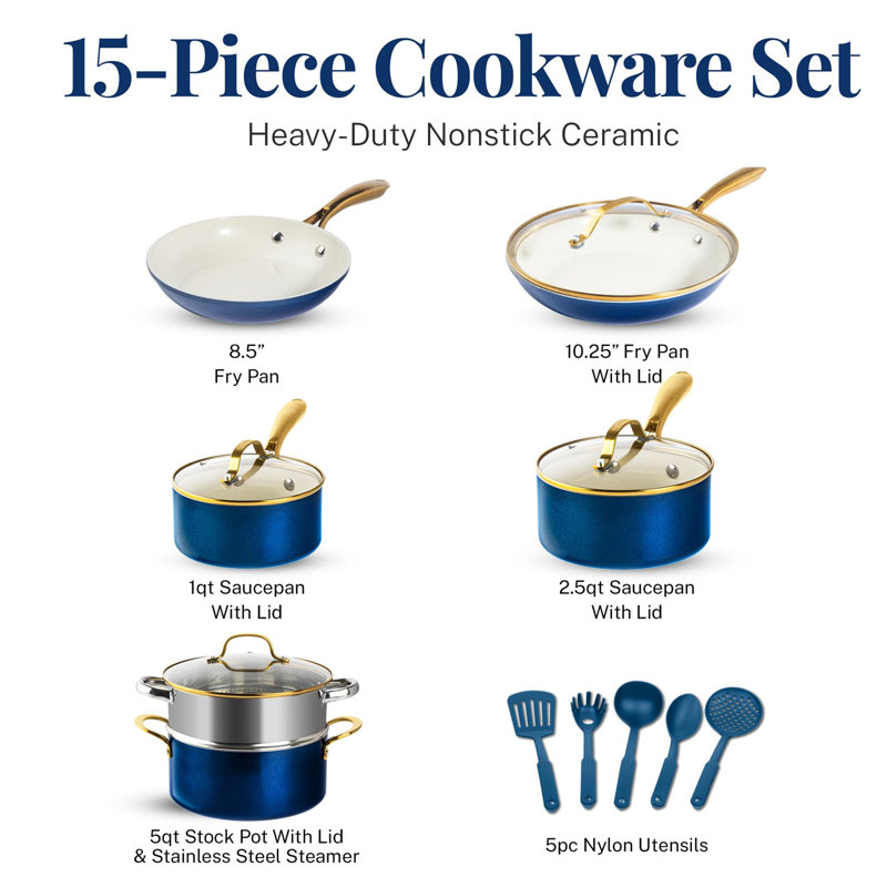 Navy and Gold 15-Piece Nonstick Stainless Steel Cookware Set