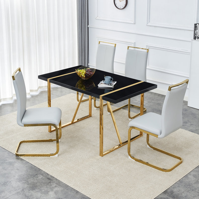 5-Piece Modern Rectangular High-Gloss Dining Set with Faux Leather Cantilever Chairs, LightGray/Gold, Black