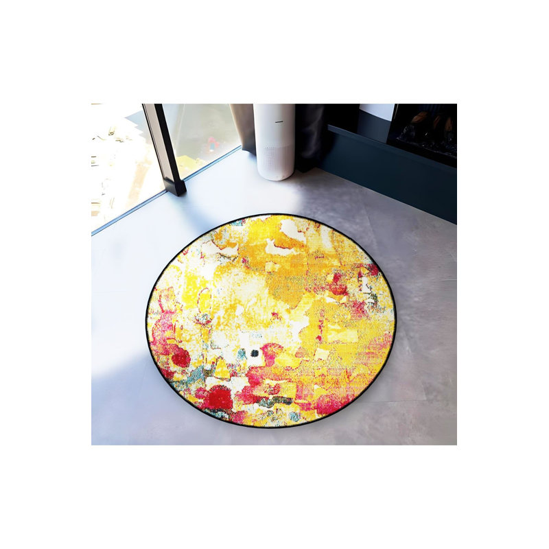 Tapis rond lavable moderne à motif abstrait jaune, Sous-tapis rond 3 pi 3 po inclus