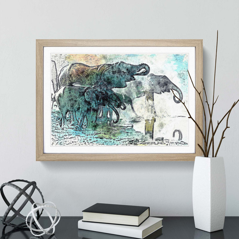 Elephants at the Waterhole in Abstract - Picture Frame Painting Print, 27cm H x 36cm W x 2cm D, Oak Framed