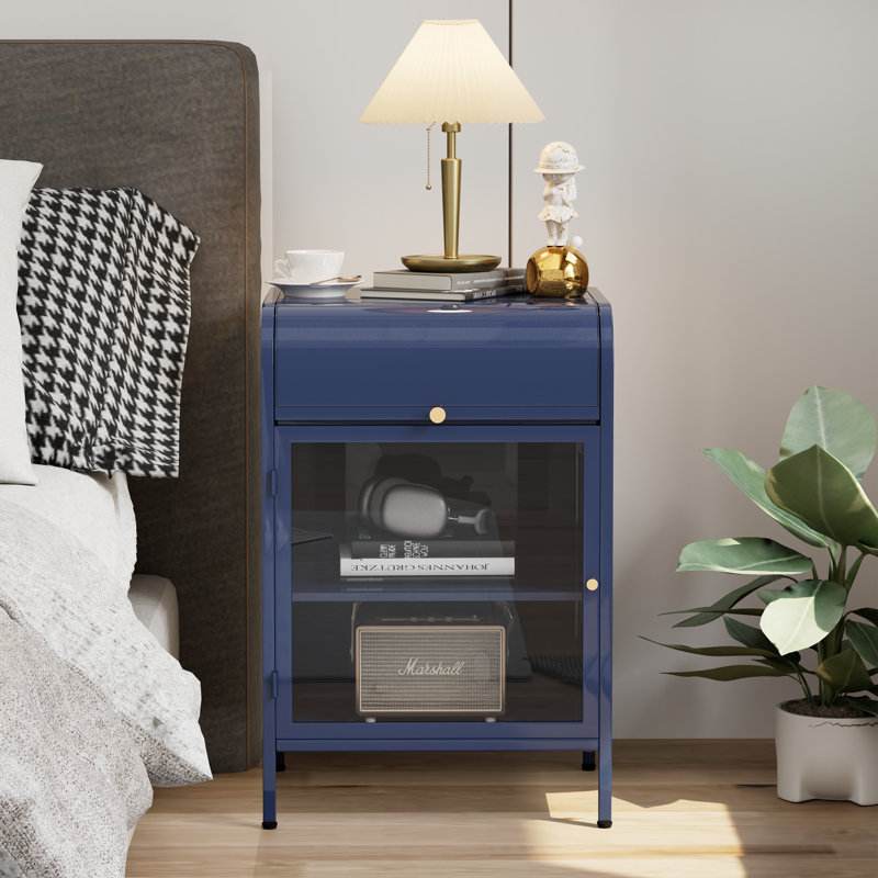 Table de chevet moderne avec porte en verre et table de chevet en métal Usmon, Bleu