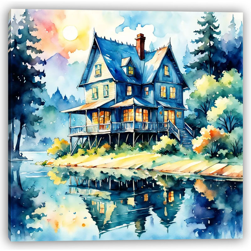 Moonlit Lakeside Retreat - Art mural sur toile tendue, H 20 po x l 20 po