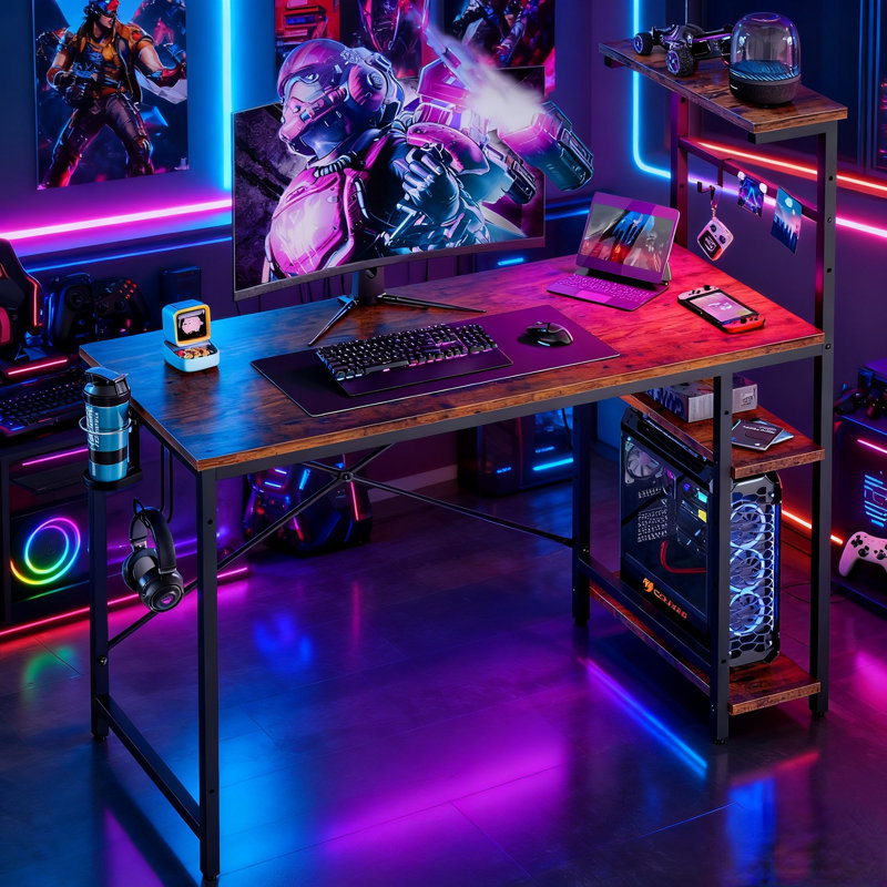 Nedyo RGB LED Computer Desk with Reversible Shelves, 44.49" H x 44.29" W x 19.69" D, Brown