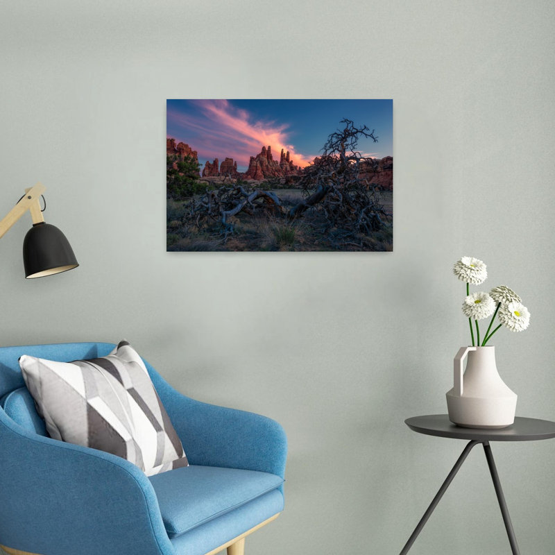 Arbre torsadé, désert, coucher de soleil coloré, paysage serein dramatique, impression d'art mural, H 24 po x l 16 po