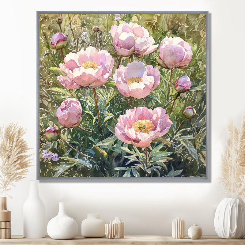 Pivoines dans le jardin de fleurs I - Art mural de pivoines pour le salon, H 30 po x l 30 po, Impression encadrée flottante