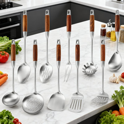 Ensemble d'ustensiles de cuisine professionnel en acier inoxydable 10 pièces avec poignée en bois - Spatule de cuisine Louche à cuillère Écumoire Turner