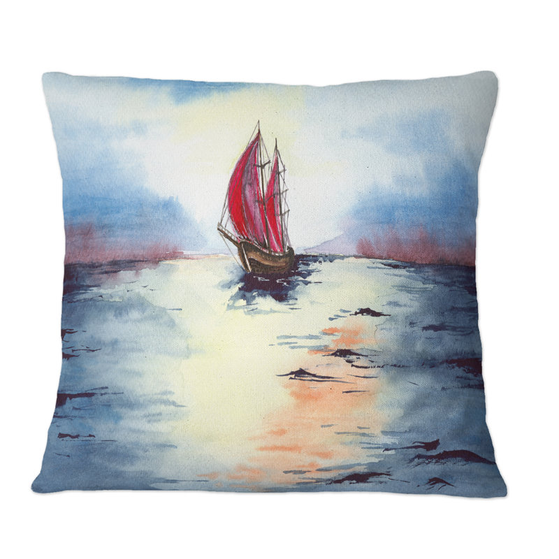 Un paysage marin avec un voilier avec des voiles - Coussin décoratif imprimé nautique et côtier, 16 po x 16 po