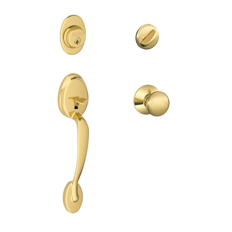 Handleset with Single Cylinder Deadbolt and Door Knob and Rosette, Bright Brass