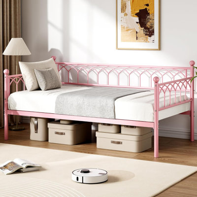Twin Size Daybed, Sofa Bed Frame with Metal Steel Slat Support, Heavy Duty Metal Bed Frame, Space Saving, Easy Assembly, for Small Spaces, Living Room, Bedroom, Apartment, Pink