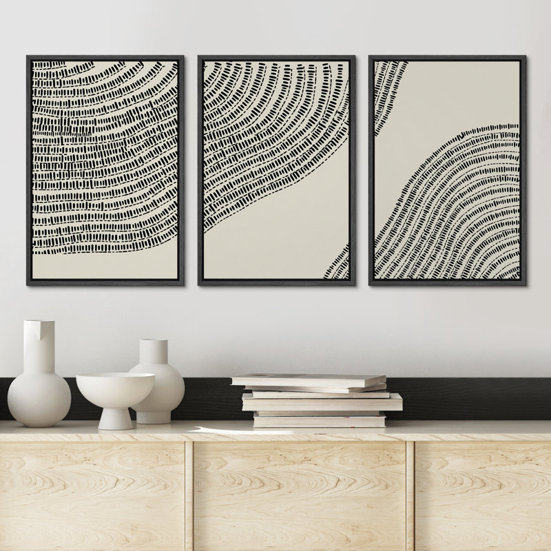 Line Art, géométrique, arbre en bois, anneau, impression sur toile, 3 pièces, H 24 po x l 48 po, Cadre flottant noir